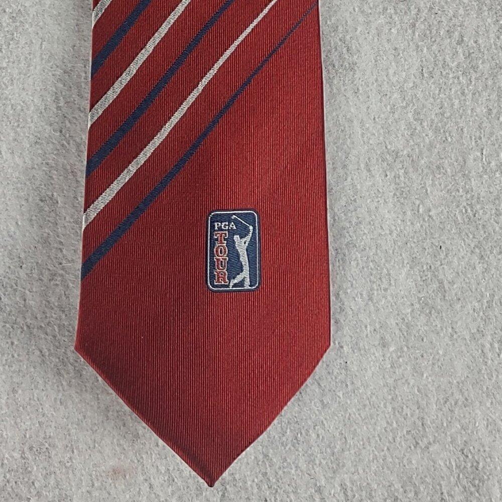 PGA Tour Men's Red, Blue, Silver Striped 100% Silk Necktie - Picture 2 of 9